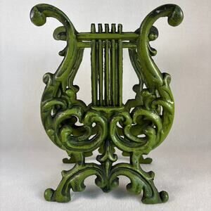 Vintage Green Cast Metal Lyre Harp Sheet Music Stand, Magazine Holder Rack